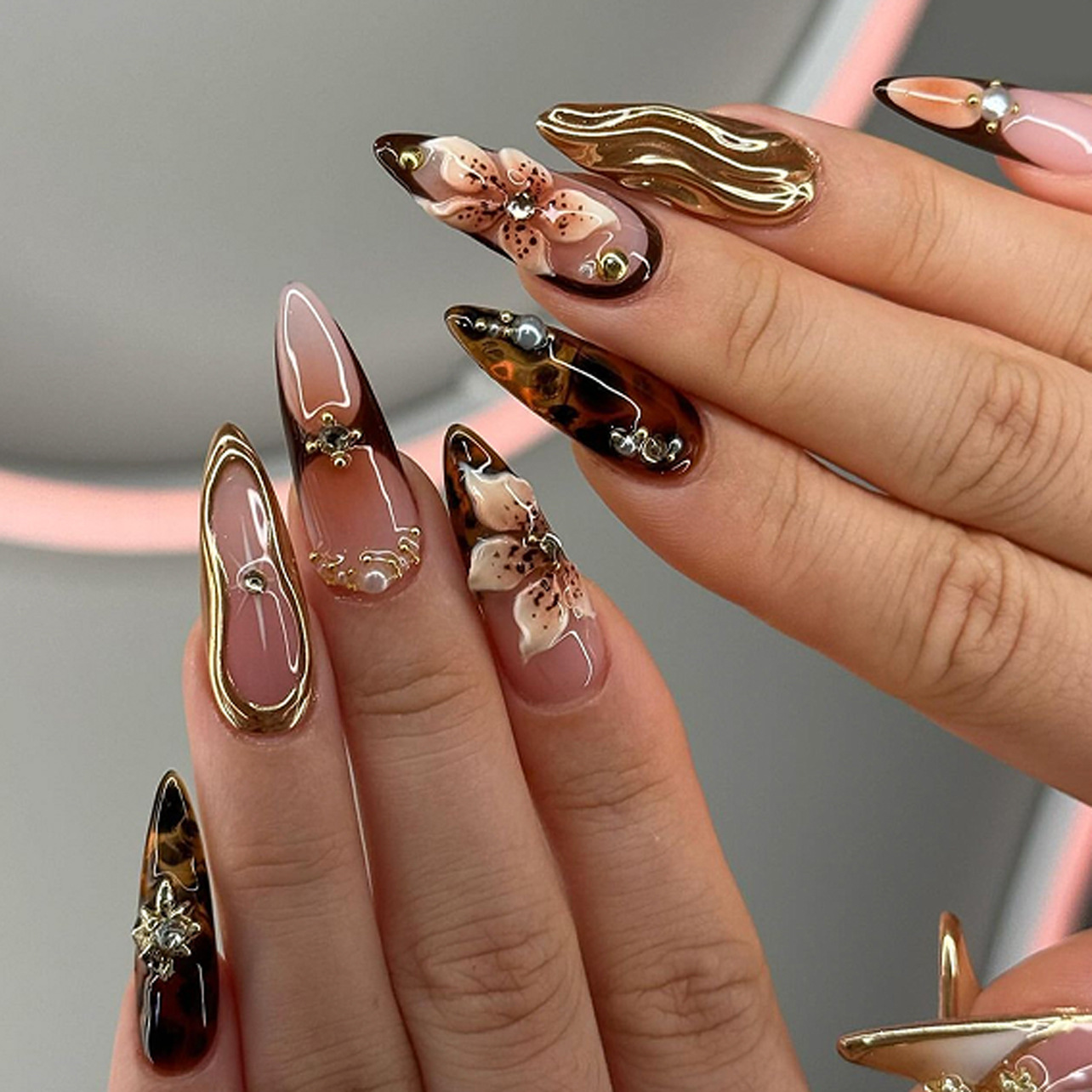 Pressed Flower Art - Faux ongles de luxe Maillard en